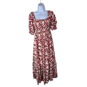Betsey Johnson Smocked Midi Dress Puff Sleeves Strawberry Size Medium Novelty